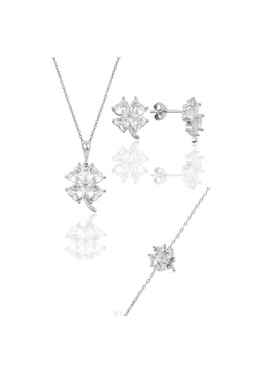 Gümüş Rodyumlu Zirkon Taşlı Yonca Modeli Üçlü Set