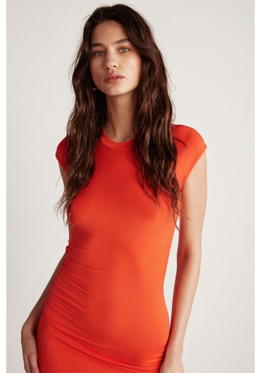 Rosalıa Kadın Esnek Dökümlü Sandy Kumaşlı Bodycon Vücüdu Saran Maxi Nar Çiçeği Elbise