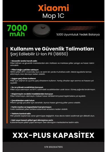 Xiaomi Mi Vacuum Mop 1c Uyumlu 7000.mah Batarya