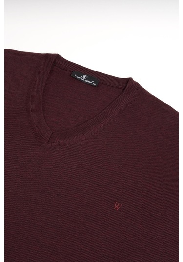 Woolen World V Yaka Battal Büyük Boy Yünlü Triko Kazak Bordo