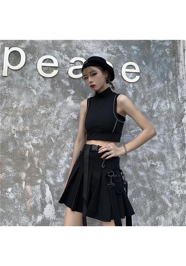 Yüksek Bel Kadın Mini Etek Punk Tarzı Cep Kadın Eteği Yaz Streetweed Kadın Pilili Etek Siyah