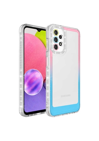 Ardemix Galaxy Uyumlu A23 Kılıf Simli Ve Renk Geçiş Tasarımlı Lens Korumalı Park Kapak - Pe Pembe-mavi