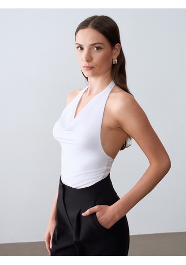 Dilvin 32973 Degaje Yaka Top-beyaz