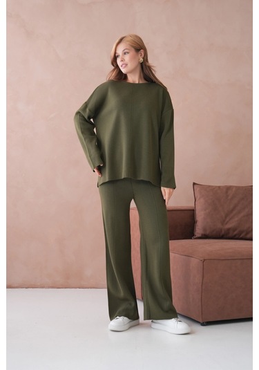 Kadın Bisiklet Yaka Düşük Kol Kazak Pantolon İkili Triko Takım Haki