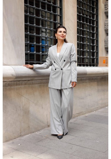 4 Düğmeli Kruvaze Geniş Çizgili Takım Açık Gri Açık Gri
