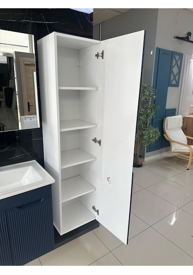 Banyo Dolabı Aynalı Boy Dolaplı Membran Kapaklı 65 Cm Mavi