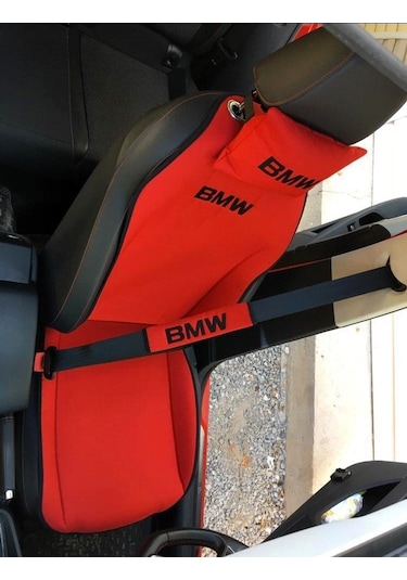 Bmw Kırmızı Nakışlı Ön İkili Oto Koltuk Minderi 2 Adet Boyun Yast