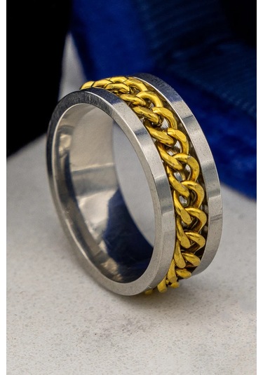 Ortası Dönebilen Zincirli Erkek Kadın Anti-stres Çelik Alyans Yüzük Cl43 Gold - Gümüş