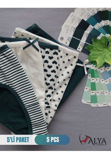 Alya Underwear Kız Çocuk Kalpli Dokuma Lastik Pamuklu Kumaş Slip Külot 5'li Paket 5 Adet Beyaz Koyu Yeşil P22