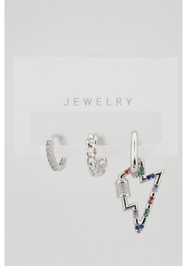 Kadın Altın Kaplama Kararmaz Şimşek Figürlü 3'Lü Zirkon Set Küpe Gümüş-M