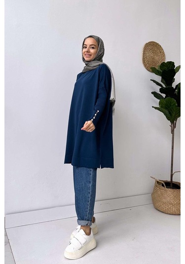 Kol Detay Merserize Tunik - Petrol Petrol Mavi