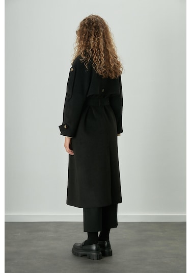 Manuka Premıum Kemerli Trench Kaban Siyah