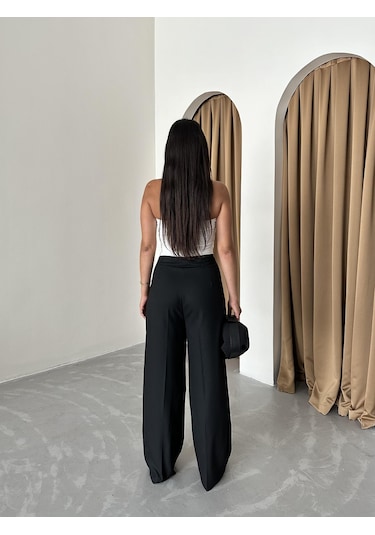 Siyah Bel Bantı Detaylı Yan Fermuarlı Pantolon Siyah