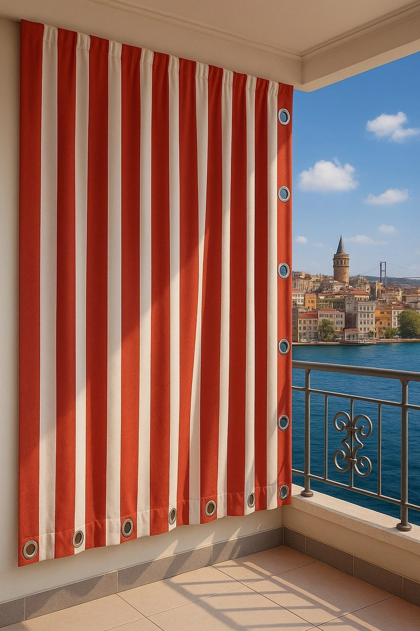 Ceylan Home Balkon Perdesi Kuş Gözü Ölçü Seçenekli Kırmızı Beyaz Çizgili Kırmızı