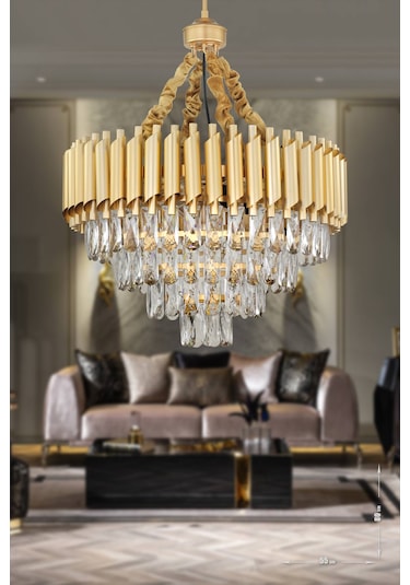 Avizemoda Palmira 55'Lik Prizma Kesim Kristal Taşlı Lüks Avize - (Sarı-Yaldız)