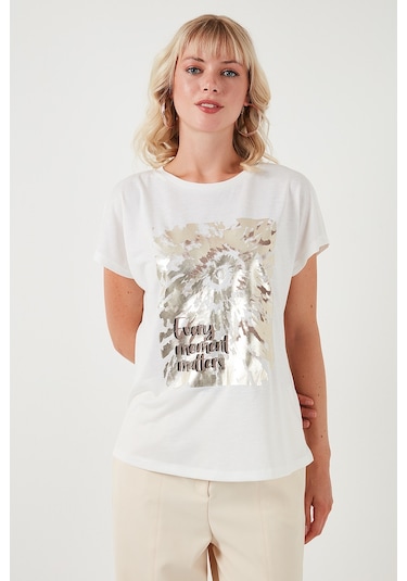Lela Baskılı Bisiklet Yaka Regular Fit Bayan T Shirt 6671001 Ekru