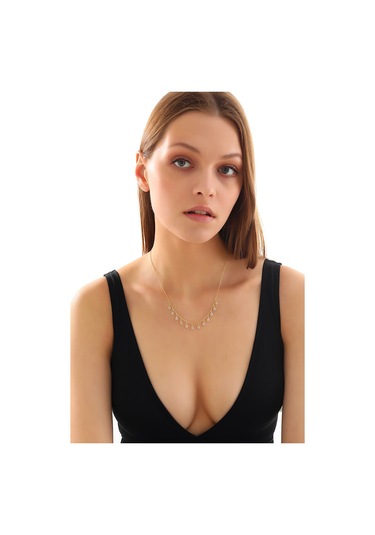 925 Ayar Gümüş Ful Damla Zirkon Taş Sallantılı Kolye Altın