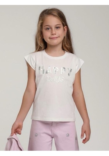 Escabel Kız Çocuk Pamuklu Happy Pul İşlemeli Tshirt-15637 Ekru