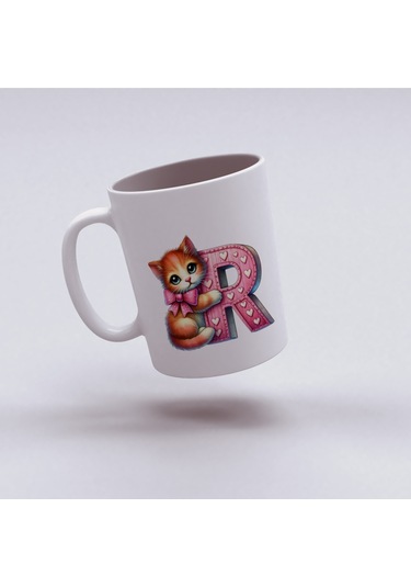 R Harfli Bardak, Sevimli Kedili Pembe Tasarım Bardak, Arkadaşa Aileye Hediye Porselen Beyaz