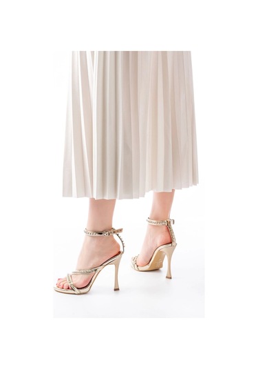 Gold Taşlı Vivet Platformlu Topuklu Kadın Ayakkabı Gold Altın