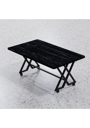 Makbulce Reyyan Orta Sehpa Siyah Metal Ayak Tekerlekli Siyah Mermer