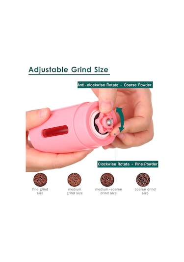 Wezone Elle Döndürülür Fincan Kahve Değirmeni - Zeytinyağlı Biber / Bakliyat Değirmen Aleti, İnce-orta-kalın Ayarlanabilir, El İşlemli Minyatür Model Pembe