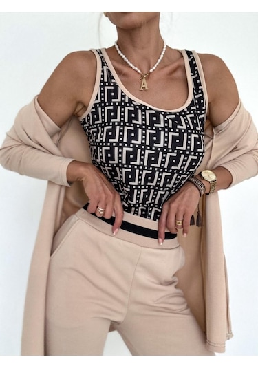 Modasize Kadın Uzun Kollu Krep Üçlü Takım Bej