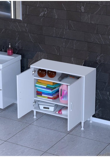 Küçük Alanlar İçin Çözümler 75x75x32,5 Cm Lik 2 Kapaklı 3 Göz Raf Çok Amaçlı Mutfak Dolabı Beyaz