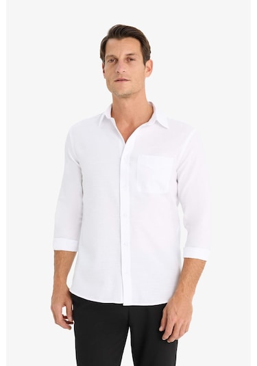 DeFacto Modern Fit Polo Yaka Basic Düz Uzun Kollu Beyaz Gömlek E5045AX25SMWT34