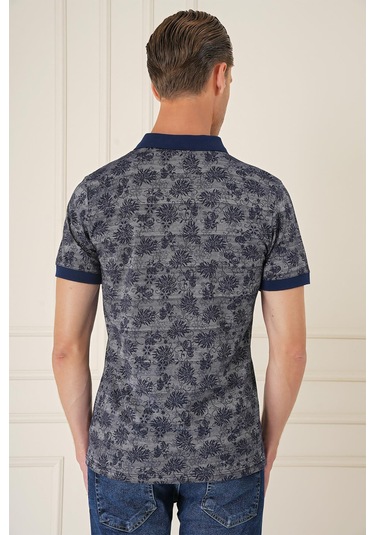 Slim Fit Dal Yaprak Desen Polo Yaka Pamuklu Lacivert Tişört Ts 884 Lacivert
