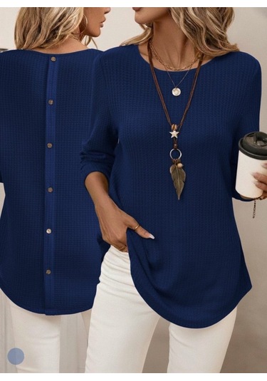Tua Moda Kadın Uzun Kollu Yuvarlak Yaka Arkadan Düğmeli Waffle Bluz Lacivert
