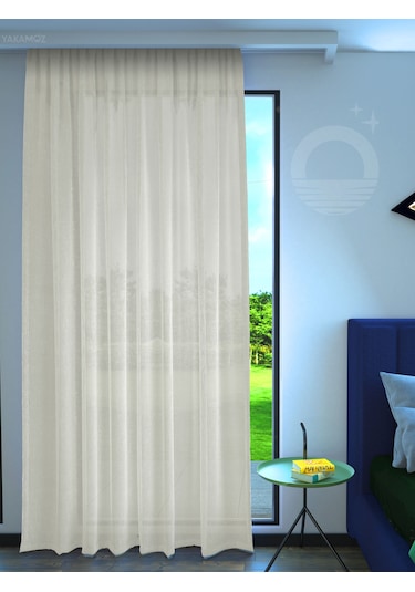Ekru Renk Keten Görünümlü Ekstraforlu Tül Perde Linen Touch Serisi Ekru