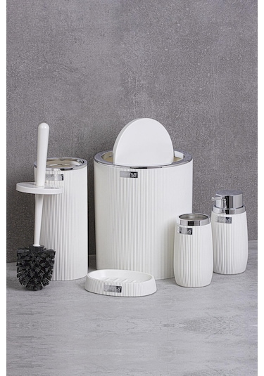 Okyanus Home Beyaz Kromlu Çizgili Yuvarlak 5'Li Banyo Seti Beyaz