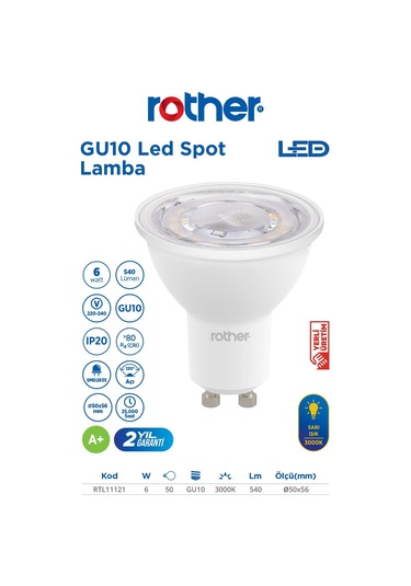 Rtl11121-5 Rother Gu10 Led Spot Ampul 6w 540 Lümen 3000k Sarı Işık Enerji Tasarruflu Ampul 5 Adet