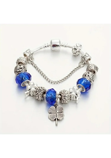 Şans Yonca Bileklik Mavi Charmlı Crystal Gümüş