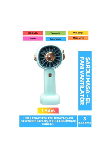 Sessiz 3 Kademeli Hafif Kablosuz 1200mah Pervaneli Taşınabilir Usb Şarjlı Masa El Fanı Vantilatör