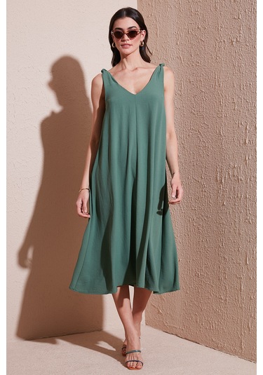 Lela Oversize Fit V Yaka Midi Boy Basic Bayan Elbise 6788688 Haki