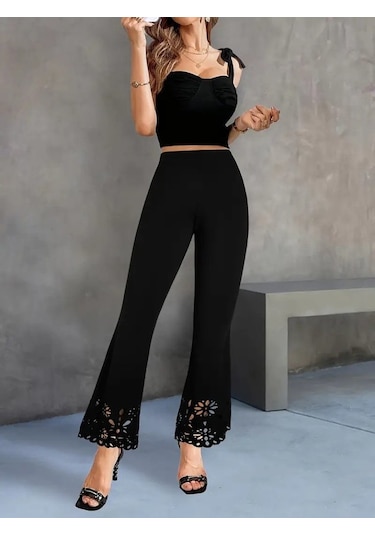 Munn Collection Kadın Yüksek Bel Paçaya Doğru Genişleyen Lazer Çiçek Kesim Detaylı Ithal Krep Pantolon Siyah