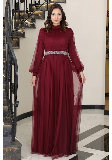 Alia Şık Taş Detaylı Büyük Beden Tesettür Abiye - Alya Bordo