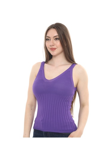 Monox Kadın Bluz V Yaka Gofre Nakışlı Yazlık Triko Atlet Mor