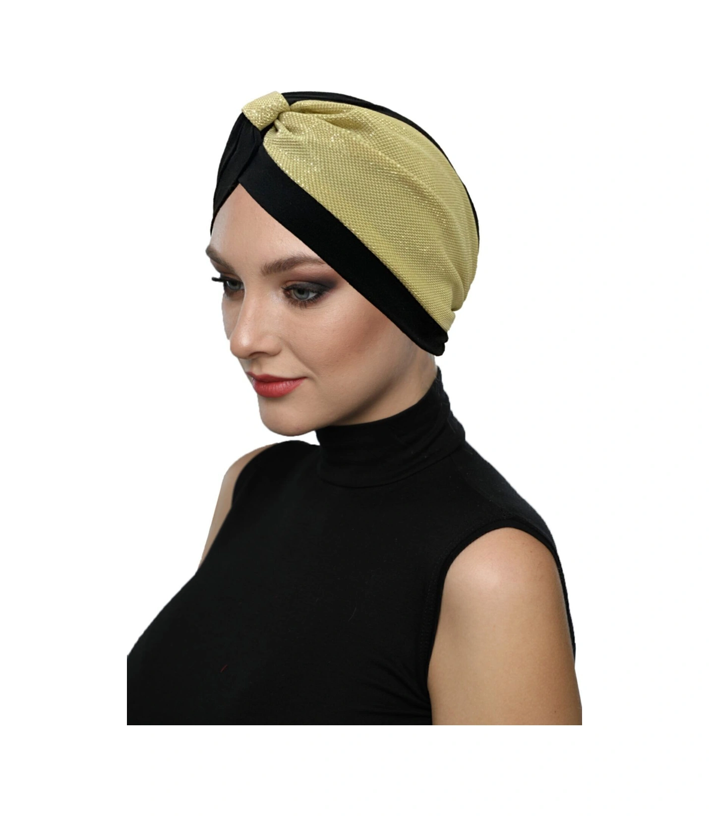 Özel Tasarım Siyah Üzeri Altın Pike Desenli Astarlı Hazır Türban Tesettür Abiye Bone Siyah3