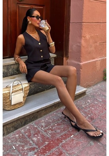 Mini Yelekli Şortlu Keten Takım 10176-08 Si Yah