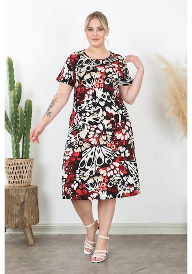 Kadın Kırmızı Bej Kanat Desen Midi Elbise Kırmızı