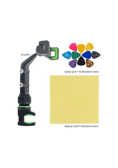 Ranyeek Müzisyenler İçin Çok Fonksiyonlu Telefon Tutucu - Ayarlandırabilir Ve Döner - 10 Adet Gitar Pleti + 1 Adet Temizleme Bezi Rastgele Renkler - Rps-gn Siyah+yeşil