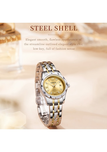 Yashıdun 5064 Şık Kadın Kuvars İzle Çelik Kayış Aydınlık Takvim Bilek Saati - Altın Kadran / Gümüş + Altın Kayış