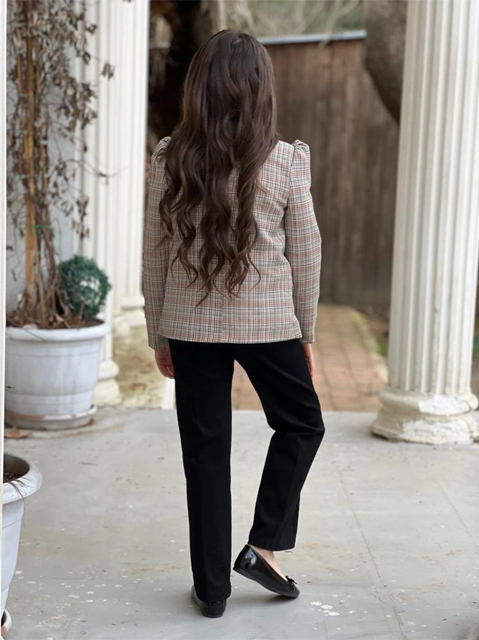 Uğurböceğiçocuk Astarlı Ekose Ceket Broşlu Gömlek Pantolon Kemer 4'lü Kız Çocuk Takım Siyah