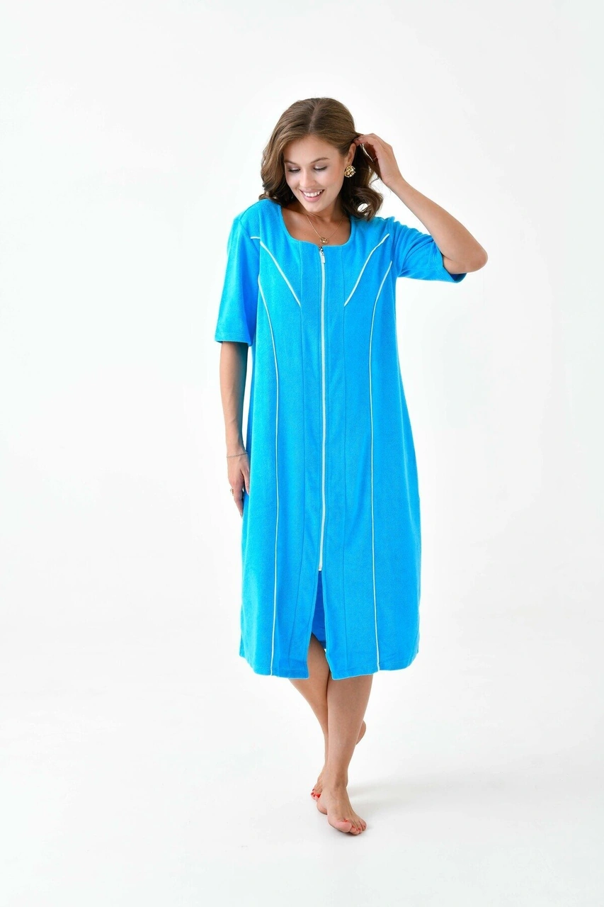 Kadın Yarım Kısa Kol Fermuarlı U Yaka Rahat Kalıp Büyük Beden Curve Ev Plaj Midi Havlu Elbise Mavi