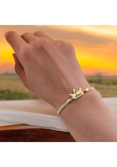 Archin Anne Sevgisi Temalı 14 Ayar Altın Plakalı Hasır Kordonlu Taç Figürlü Hediye Bileklik-464sembol Anne Sevgisi