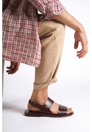 Sur Sandalet El Yapımı Kösele Erkek Deri Bodrum Sandalet Kahverengi