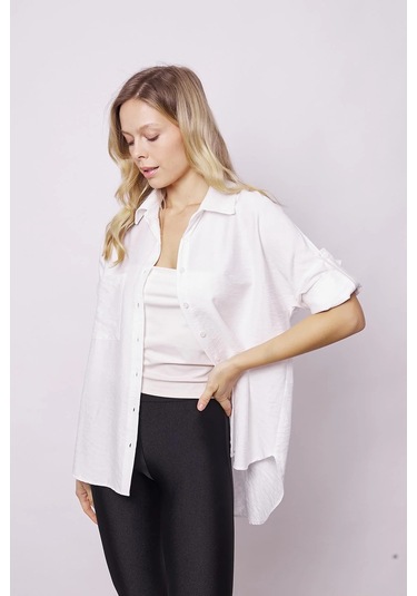 Kadın Keten Görünümlü Kolu Katlanabilir Rahat Kesim Uzun Tunik Gömlek-krem Krem